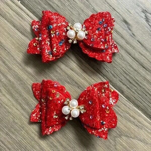 Hand crafted layered Christmas red glitter sparkle hair bows with pearls